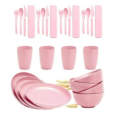 Vajilla De Paja De Trigo De 37 Piezas Con Platos Grandes Rosa