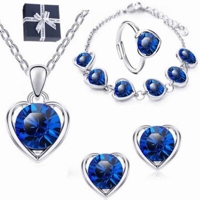4pcs Collar, Pendientes, Anillo Y Pulsera Coraz&oacute;n De Cristal Azul