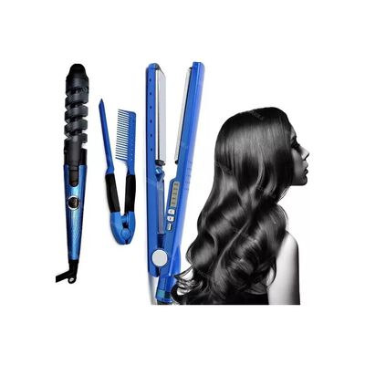 Kit De Plancha Alaciadora 450&deg; +tenaza Rizadora Cabello Pelo Azul Malubero