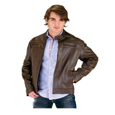 Chamarra de Cuero Autentico Yago Caf&eacute; para Caballero incluye Regalo un Llavero de Piel.