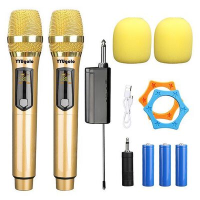 Universal Micr&oacute;fono Inal&aacute;mbrico Profesional Karaoke Kit 2pcs dorado.