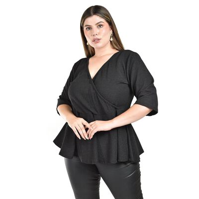 Blusa corte peplum con brillo Roman Fashion /Tallas Extras, 1759 (Negro)