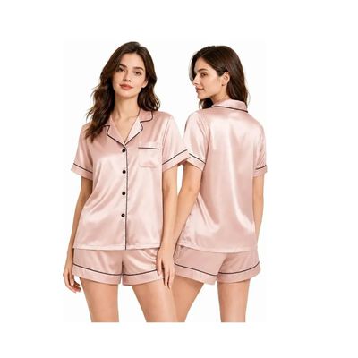 Pijama De Seda Sat&eacute;n Elegante Mujer 2 Piezas Rosa Dorado Talla M