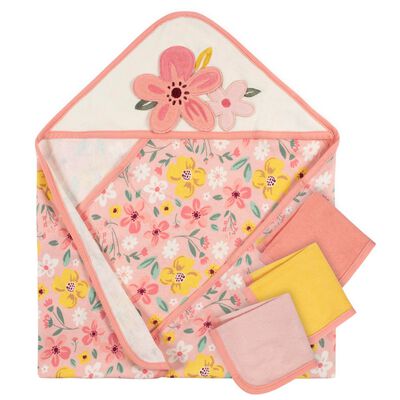 Set 4 toallas beb&eacute; Gerber capucha y pa&ntilde;os 80% algod&oacute;n rosa