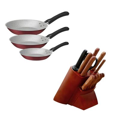 Combo Tramontina Jgo de Sartenes 20/24/28CM Caribe Rojo + Jgo de Cuchillos Dynamic 14 piezas Acero Inox ENDY