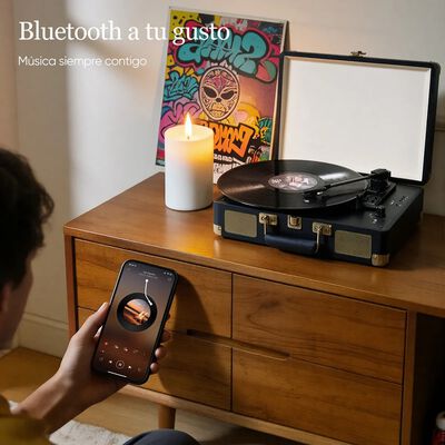 Tocadiscos De Vinilo Negro Retro Port&aacute;til Con Bluetooth
