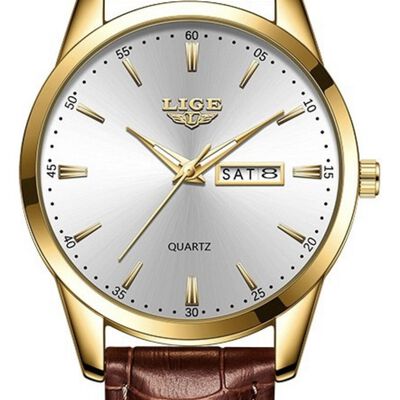 Reloj De Cuarzo Hombre Lige LG8970 Pulsera De Cuero Correa Marr&oacute;n Bisel Dorado Fondo Blanco Quartz 3 ATM 22mm Anchura Wristwatch