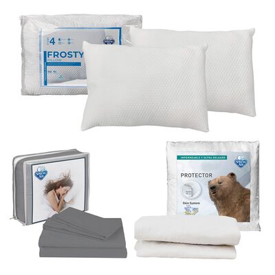 Protector de Colch&oacute;n UltraSoft Spring Air King Size + S&aacute;banas Basic Grey + 2 Almohadas Frosty