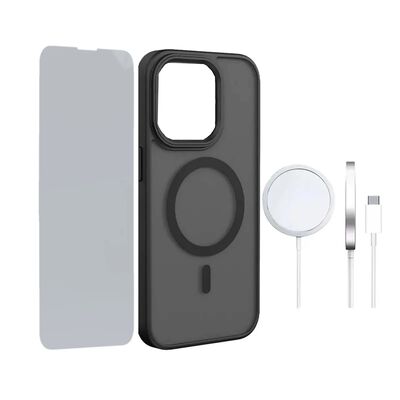 Funda Magsafe Para iPhone 13 Pro Max + Cargador Inal&aacute;mbrico 15w + Mica De Vidrio Negro