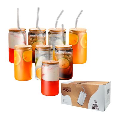 Juego de 8 Vasos de Cristal con Tapa de Bamb&uacute; 16 Oz (473.17 ml), Forma de Lata, Baricoffee