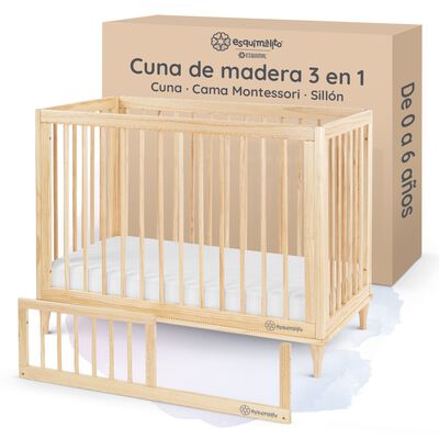 Cuna de Madera Convertible 3 en 1 - Cuna, Cama Montessori y Sill&oacute;n con Altura Ajustable y Barandal (Natural). ESQUIMAL