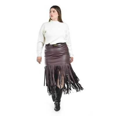 Falda de vinipiel con flecos Roman Fashion /Tallas Extras, 7063 (Cafe)