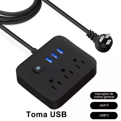 Regleta Multicontactos Extensi&oacute;n De 3 Puertos Usb Y 3 Tomas Negro