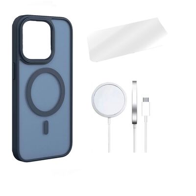 Funda Para iPhone 11 Pro Max+ Cargador Inal&aacute;mbrico 15w + Mica De Vidrio Templado Azul