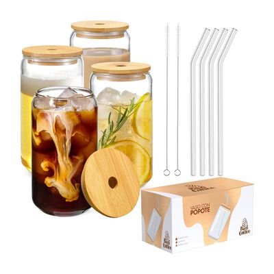 Juego de 4 Vasos de Cristal con Tapa de Bamb&uacute; 16 Oz (473.17 ml), Forma de Lata, Baricoffee