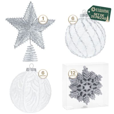 Set de Esferas y Adornos Navide&ntilde;os para &Aacute;rbol de Navidad, Decoraci&oacute;n Navide&ntilde;a (Cristal / Plateado 25 Piezas). ESQUIMAL.