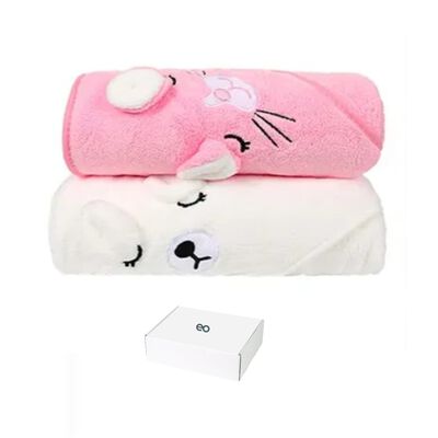2pcs Toalla De Ba&ntilde;o Beb&eacute; Con Capucha Manta Suave(0-3a) Rosa/Blanco