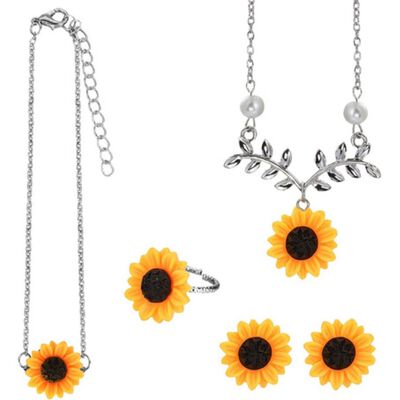 Kit De Collar Arete Aro Brazalete Tipo Girasol Plateado