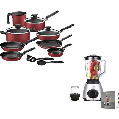 Combo Bater&iacute;a Tramontina 13 Pzas Rojo Granito + Licuadora Lar / Fussion Vaso Vidrio 1.5L ENDY