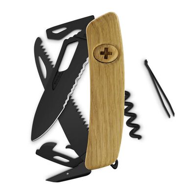 Navaja SWIZA KST.0053.6330 ALLBLACK Single Hand SH05 TR Wavy Edge, 13 funciones, madera roble.