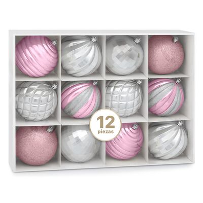 Set con 12 Esferas Decoraci&oacute;n Navide&ntilde;a 10cm Adornos para &Aacute;rbol de Navidad (Rosa - Plateado) ESQUIMAL
