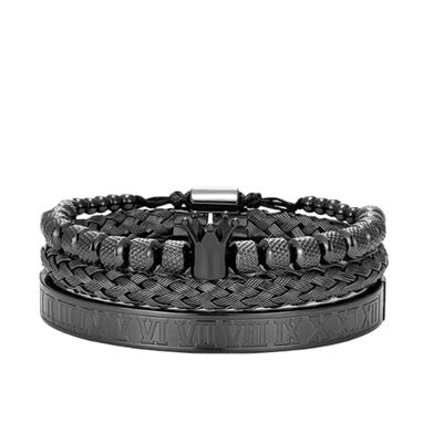 Set 3 Pulseras De Corona Acero Lujo Romano Brazalete Inox Modelo Negro