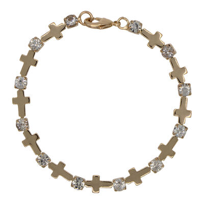 Pulsera De Cruces Con Cubic Cz Acabado Dorado Joyer&iacute;a Religiosa