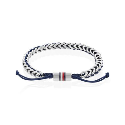 Brazalete Tommy Hilfiger de acero inoxidable y cord&oacute;n de nylon plateado/azul  para hombre