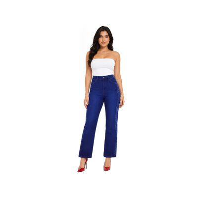 Jeans Corte Recto Con Cristales En Costados Beronna Para Mujer