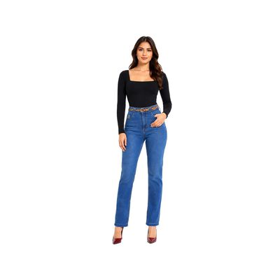 Jeans Corte Recto Con Pretina Ancha Para Mujer Petite